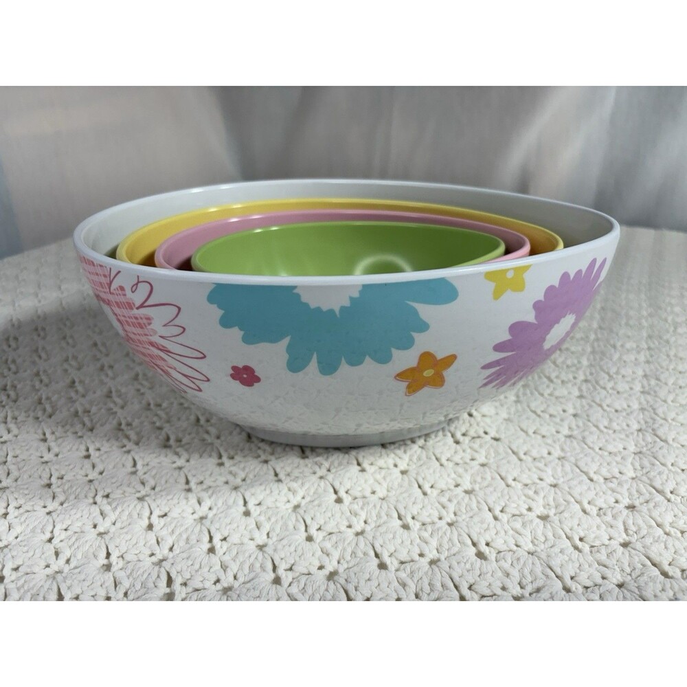 EASTER Egg Shape Nesting Bowls Melamine Pastels Floral and Solids Set Of 4 EUC